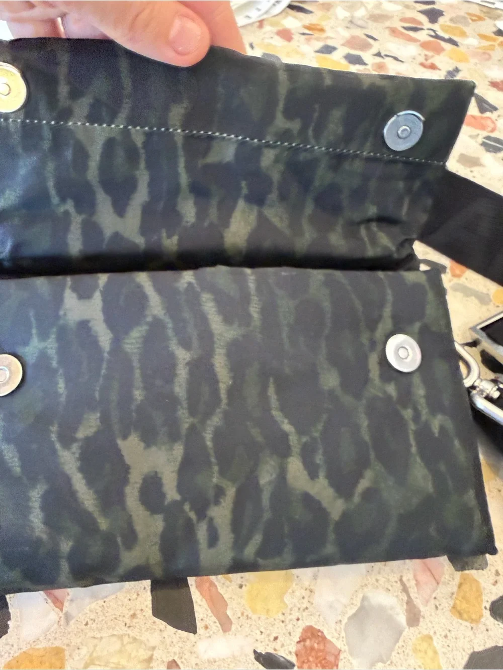 AllSaints Green Camo Crossbody Bag with Black Strap